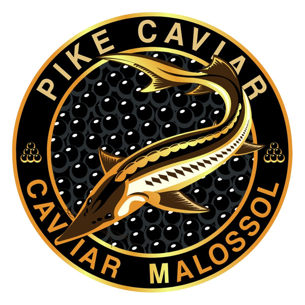 Logo of Pike Caviar with a Sturgeon fish and caviar pattern on a black background.