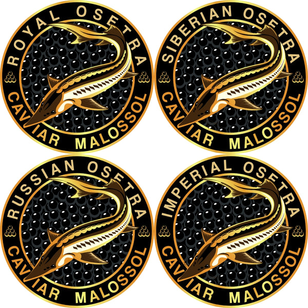A set of four Osetra Sturgeon Malossol Black Caviar jars, each with a different variant label (Imperial, Royal, Russian, Siberian).