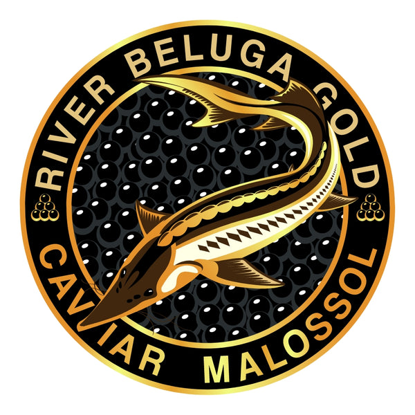 River Beluga Gold Caviar Malossol circular logo with a Sturgeon fish on a black background