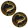 Two circular logos for Sevruga Caviar Malossol with Sturgeon fish illustration on a black background.