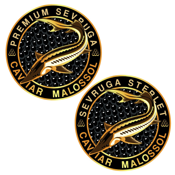 Two circular logos for Sevruga Caviar Malossol with Sturgeon fish illustration on a black background.