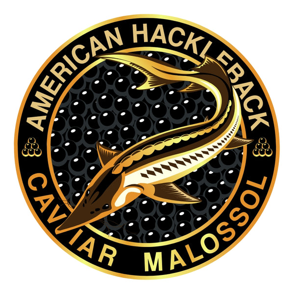 American Hackleback Caviar Malossol circular logo with a Sturgeon fish illustration on a white background.