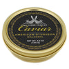 A tin can of American Sturgeon Caviar Container with black and gold label, net weight 4.5 oz. (125 g). View from side.