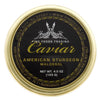 A tin can of American Sturgeon Caviar Container with black and gold label, net weight 4.5 oz. (125 g). View from top.
