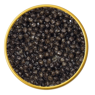 Close-up of a container with Beluga Sturgeon Malossol Black Caviar on a white background