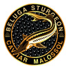 Beluga Sturgeon Caviar Malossol circular logo with a Sturgeon fish on a black background