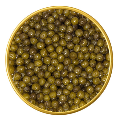 Close-up of a container with Imperial Osetra Malossol Golden Black Caviar on a white background