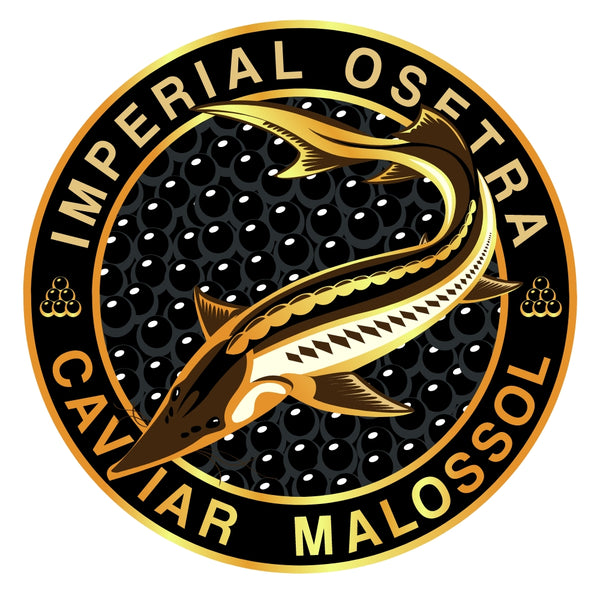 Imperial Osetra Caviar Malossol circular logo with a Sturgeon fish illustration on a white background.
