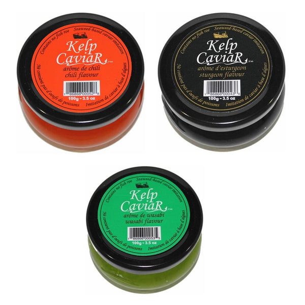 Three jars of Kelp Caviar with different colored labels on a white background.