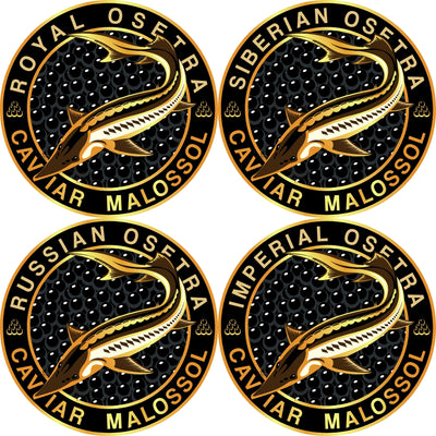 A set of four Osetra Sturgeon Malossol Black Caviar jars, each with a different variant label (Imperial, Royal, Russian, Siberian).