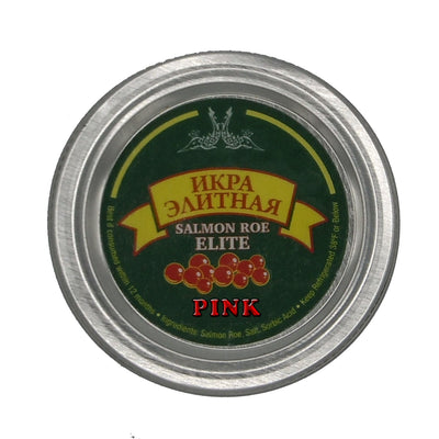 Pink Salmon Roe Jar with label and red caviar image on it