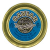 A can of River Beluga Gold Caviar with a label showing the brand name and a graphic of a fish. The can is gold in color with a blue label.