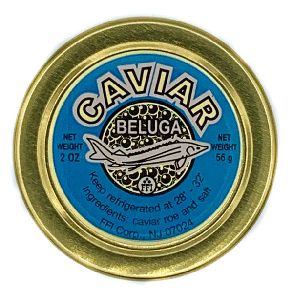 A can of River Beluga Gold Caviar with a label showing the brand name and a graphic of a fish. The can is gold in color with a blue label.