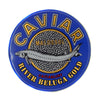 A blue tin of River Beluga Gold Caviar with a label showing the brand name and a graphic of a fish. The tin is blue in color with a gold label.