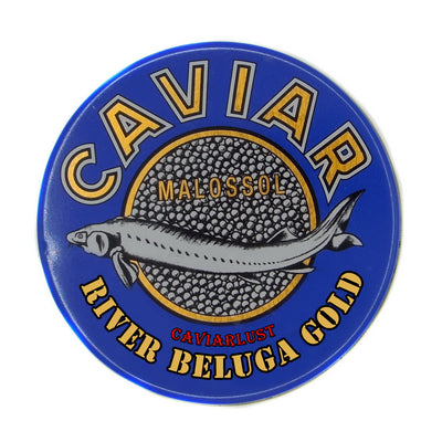A blue tin of River Beluga Gold Caviar with a label showing the brand name and a graphic of a fish. The tin is blue in color with a gold label.