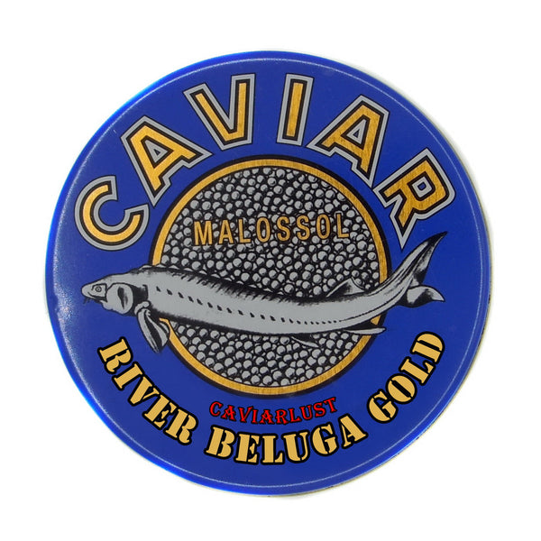 A blue tin of River Beluga Gold Caviar with a label showing the brand name and a graphic of a fish. The tin is blue in color with a gold label.