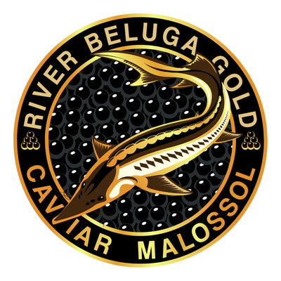 River Beluga Gold Caviar Malossol circular logo with a Sturgeon fish on a black background