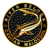River Beluga Caviar Malossol circular logo with a Sturgeon fish on a black background