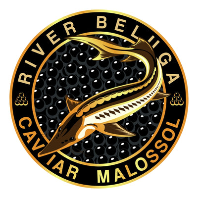 River Beluga Caviar Malossol circular logo with a Sturgeon fish on a black background