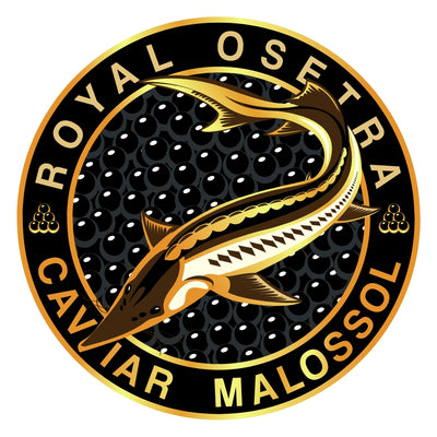 Royal Osetra Caviar Malossol circular logo with a Sturgeon fish illustration on a white background.