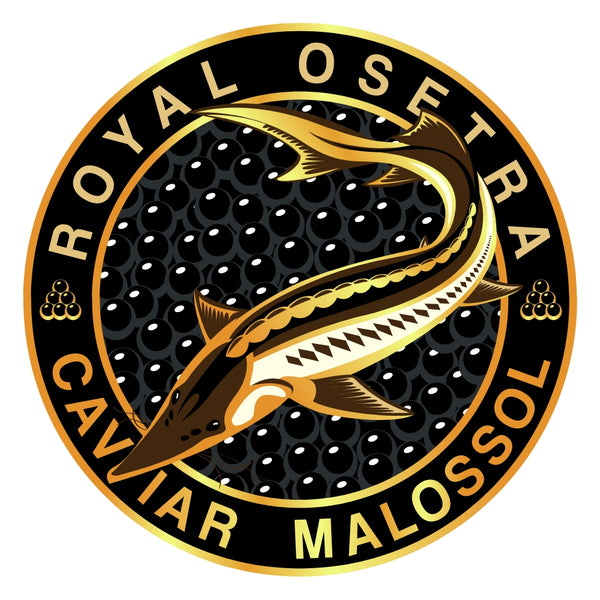 Royal Osetra Caviar Malossol circular logo with a Sturgeon fish illustration on a white background.