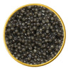 Close-up of a container with Russian Osetra Malossol Black Caviar on a white background