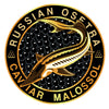 Russian Osetra Caviar Malossol circular logo with a Sturgeon fish illustration on a white background.
