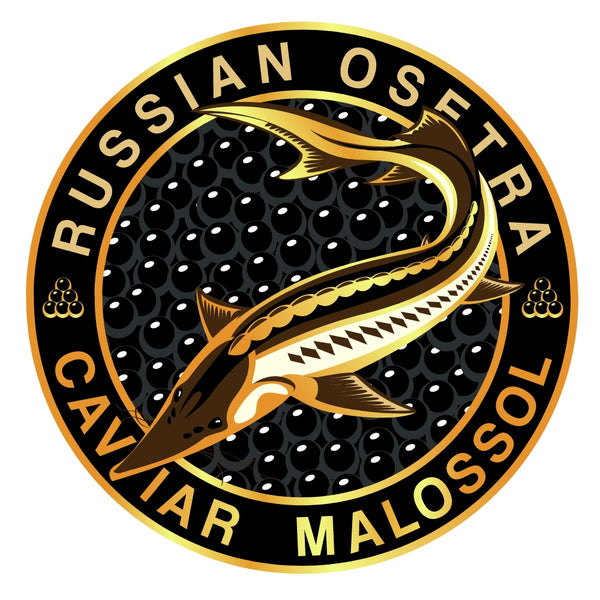 Russian Osetra Caviar Malossol circular logo with a Sturgeon fish illustration on a white background.