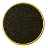Close-up of a container with Sevruga Sterlet Golden Sturgeon Malossol Black Caviar on a white background