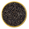 Close-up of a container with Siberian Osetra Malossol Black Caviar on a white background