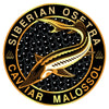 Siberian Osetra Caviar Malossol circular logo with a Sturgeon fish illustration on a white background.