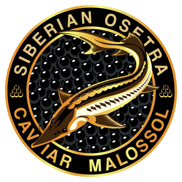 Siberian Osetra Caviar Malossol circular logo with a Sturgeon fish illustration on a white background.
