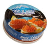 A can of Taste of Alaska Salmon Caviar featuring images of salmon roe and a mountainous landscape.