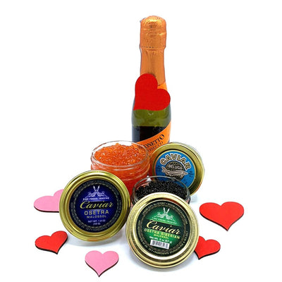 Assorted caviar tins with a bottle of champagne on a white background