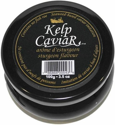 A glass jar of Kelp Seaweed Black Caviar Sturgeon Flavor with a black label and black lid