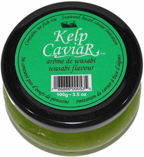 A glass jar of Kelp Seaweed Caviar Wasabi Flavor Green with a green label and black lid
