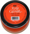 A glass jar of Kelp Seaweed Red Caviar Salmon Flavor with a red label and black lid